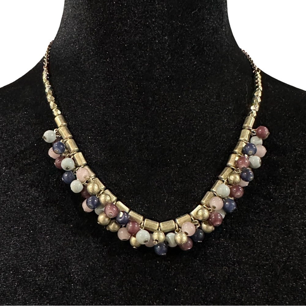 Taramanda Necklace Multi color Beaded Fringe Gold Tone Chain Adjustable Length